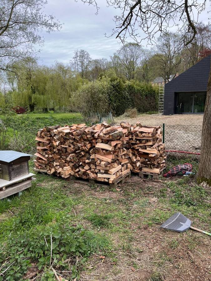 Bois fendu et empilé sur palettes, prêt pour l'hiver